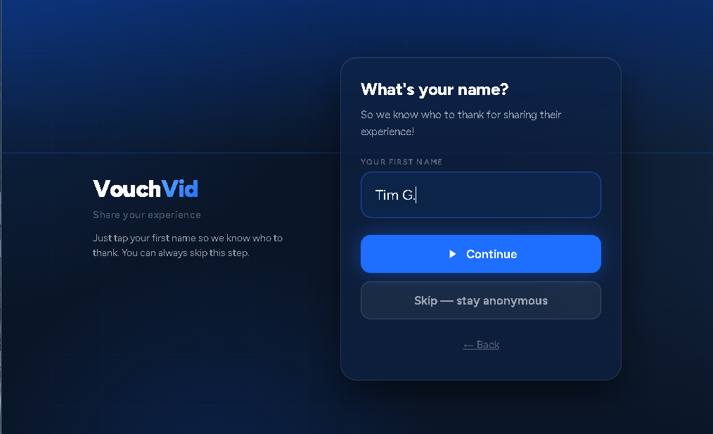 Optional name entry screen