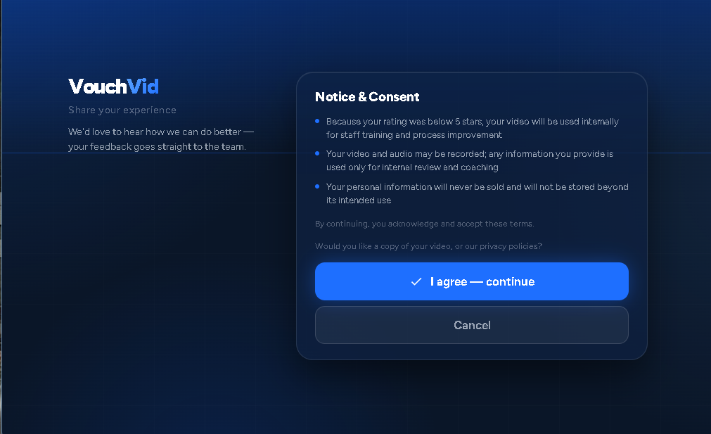 Notice and consent screen shown for lower ratings