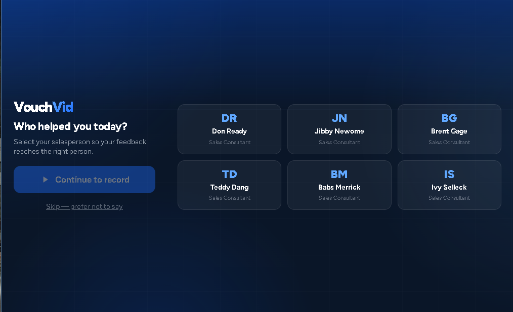 Selecting which team member helped the customer