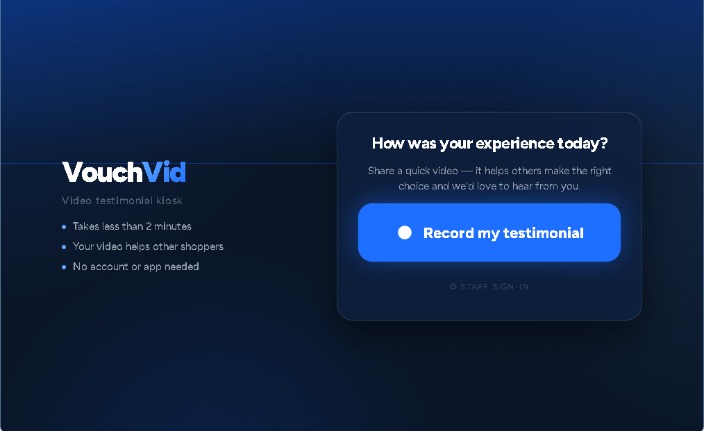 VouchVid kiosk welcome screen